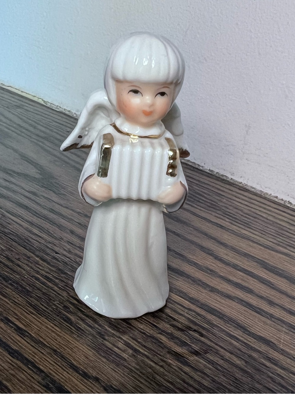 Porcelain Angel Figurine with Accordion - White with Gold Accents